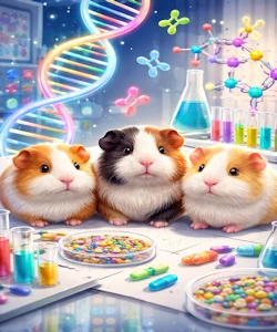 Molekulare Verbindungen, 3 Meerschweinchen sitzen in einem Labor, bunte Pillen, Laborequipment